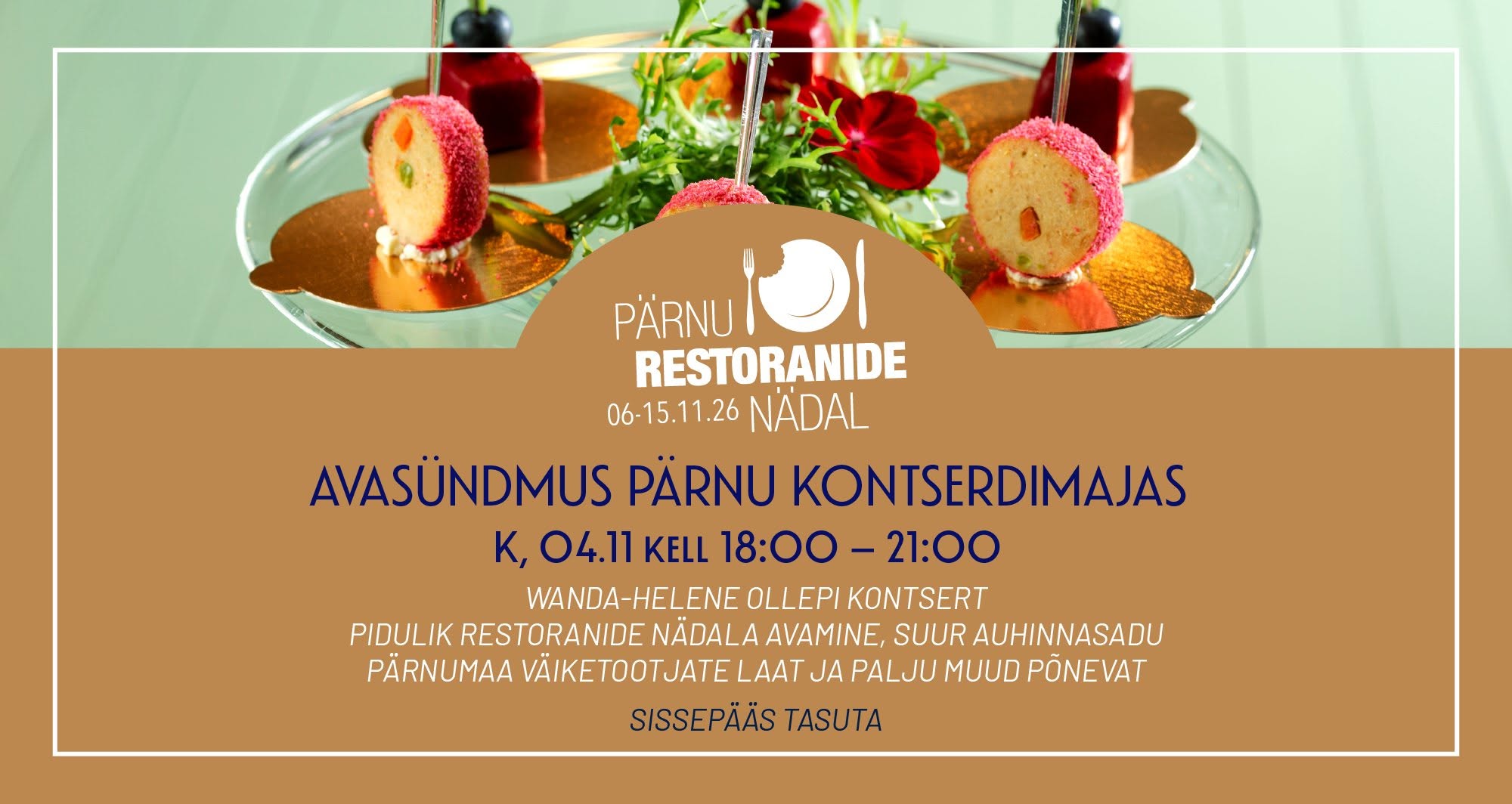Ootame kõiki toidusõpru kolmapäeval, 4. novembril kell 18.00–21.00 Pärnu Kontserdimajja, et üheskoos avada tänavune Pärnu Restoranide Nädal! Tutvustame restoran